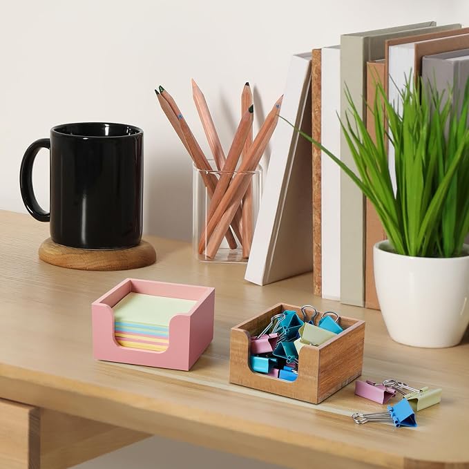 Bivvclaz Wood Sticky Note Holder, 3 x 3 Inch Post It Note Dispenser for Office Desk Accessories, Self Stick Note Pad Holder, Memo Pad Holder Dispenser Organizer for School Office Desk Supplies, Pink