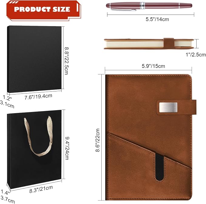 A5 Lined Leather Notebook and Pen Set with Gift Box, 240 Pages Refillable Journal with Pocket and Magnetic Buckle, Hardcover Daily Diary for Men and Women Business Travel Personal Writing- Brown