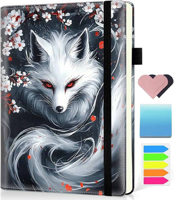 Hardcover Executive Notebooks, A5 PU Leather Lined Journal Notebook, 200 Pages Thick Paper Subject Notebooks for School,Work,Home Writing Business Notebook, Diary Book ，White Kitsune Fox