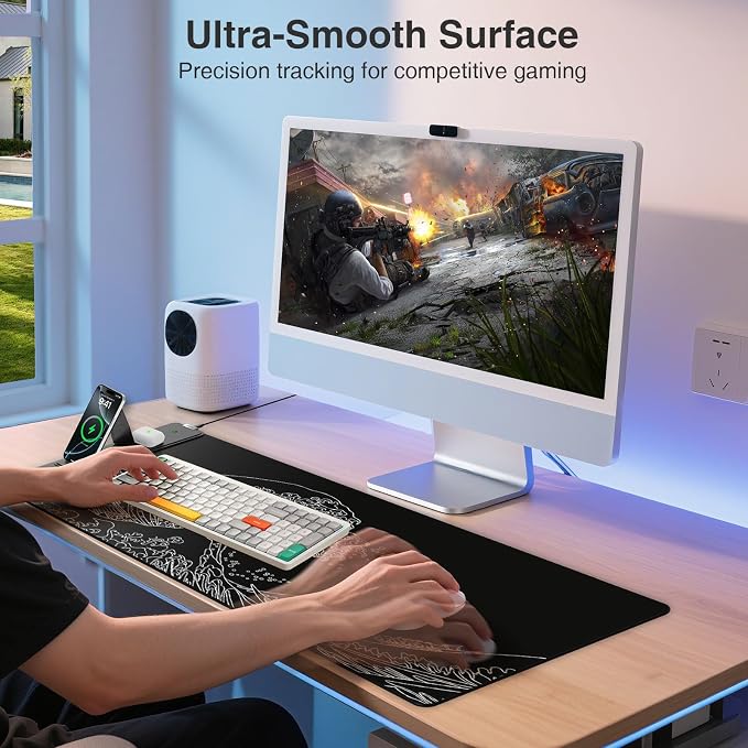 Wireless Charging Mouse Pad with Foldable Phone Holder, Black Wave | 31.5"x15.8" Large Desk Mat for Laptop/Keyboard, Waterproof Ultra-Smooth Surface, Non-Slip Base