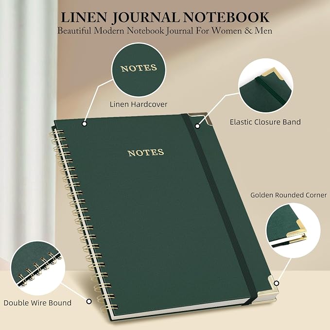ALKALO A4 Large Spiral Notebook Journal, (8.5×11'') 100 Pages Linen Hardcover College Ruled Journaling For Work & Note Taking Thick Spiral Journal For Writing Daily Journal For Women & Men- Green