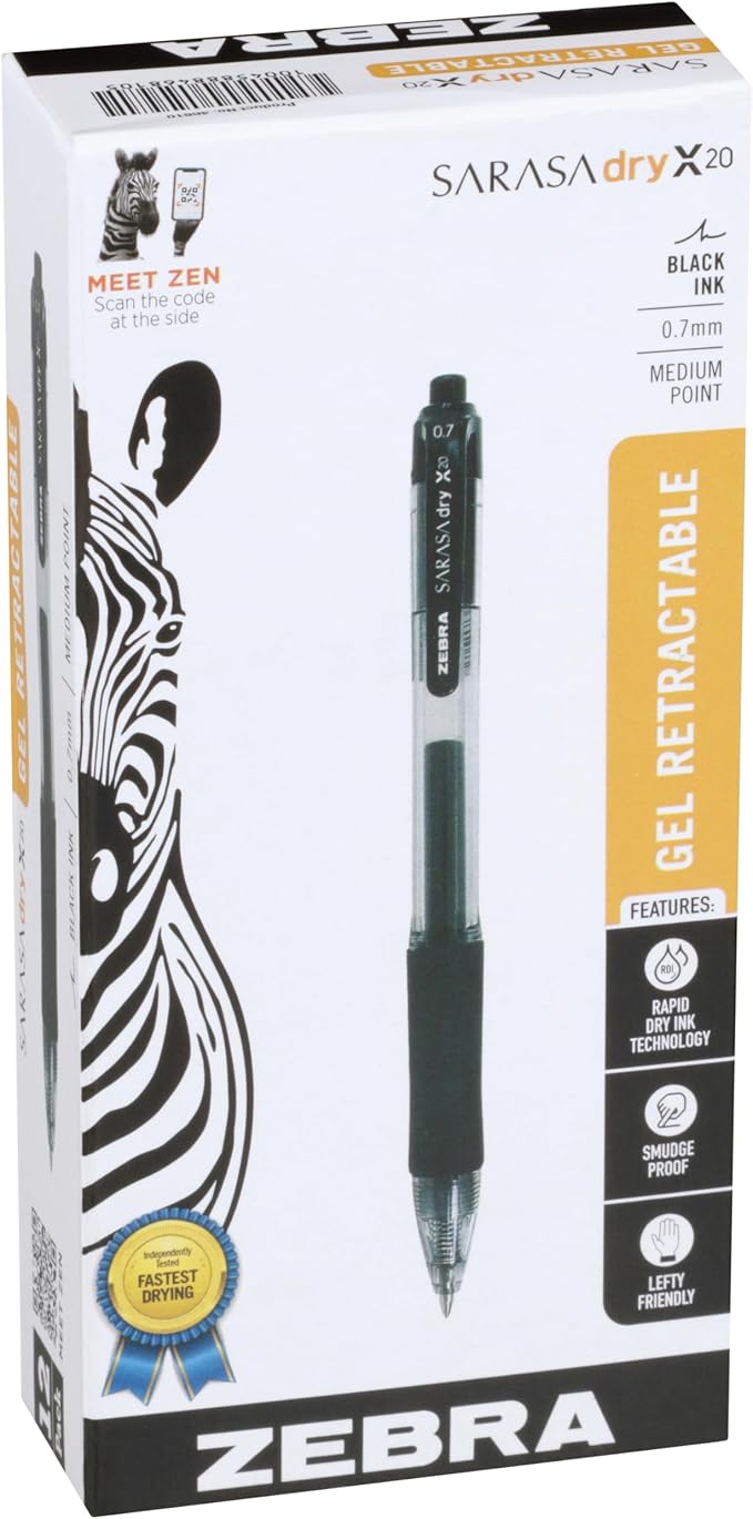 Zebra Pen Sarasa Dry X20 Retractable Gel Pens, 0.7mm Medium Point, Black Ink with Rapid Fast Dry Ink Technology, Ideal for the Left-Handed, Eliminates Smudging and Smearing in Seconds, 12-Pack (46810)