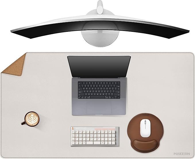 MAIDERN 40”x 24” Leather Desk Pad, Reversible Large Desk Mat, Cork & Leather Large Mouse pad for Desk, Waterproof Computer Desk Pad for Gaming Home Office (Cream)