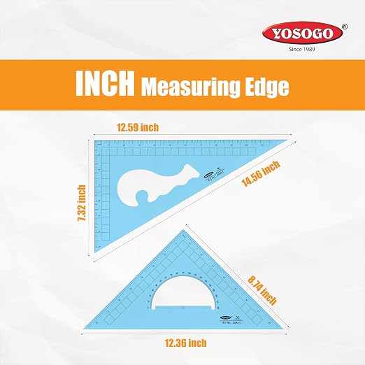 Pack of 2 Large Transparent Triangle Ruler Set Square: 12 Inch- 30/60 Degree & 9 inch 45/90 Degree | Essential for School and Work use (Inch Scale)