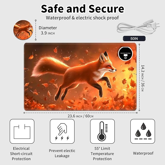 Heated Desk Pad Mouse Pad,Heated Desk Mat,with 3 Heating Levels & 3 Hours Auto Shut-Off,Leather 23.6"*14.2" Gaming Mouse Laptop Mat,Foot Warmer,Cute Red Fox Forest