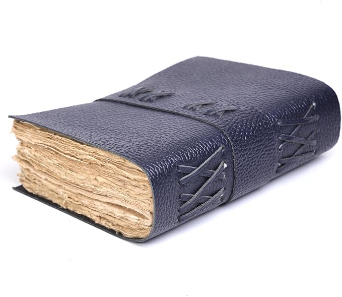 Leather Bound Vintage Journal for Women & Men – Book of Shadows – Lock Closure – 200 Pages of Antique Deckle Edges Handmade Paper (Italian Blue, 7 x 5 inches)