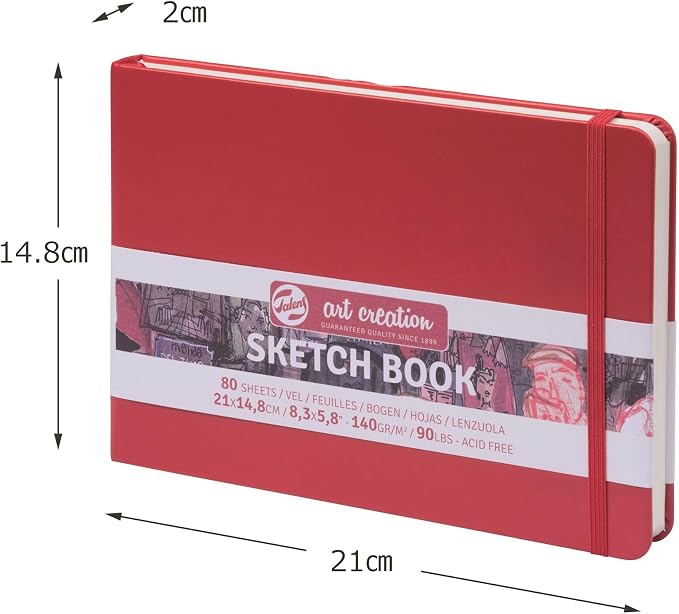 Talens Art Creation Sketchbook Red 14,8X21 cm, 140 Grams | Hard-Bound Pocket Notebook, 140 GSM/94 lbs Paper, Acid-Free Cream Blank Paper, Ribbon Bookmark and Elastic Closure