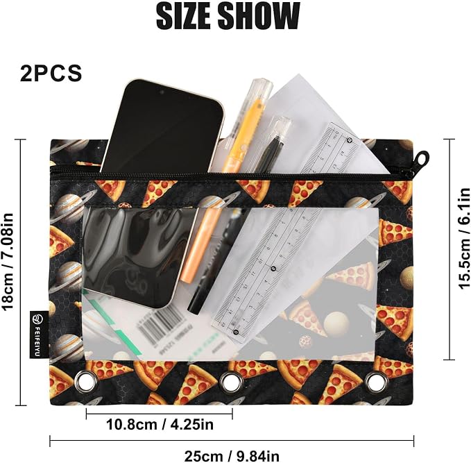 Pizza Mushroom Binder Pouches 3 Ring for Boys Girls School Office College Supplies Cute Doodle Pattern Black Pencil Pouches Case Bag with Clear Window and Zipper 2 Pack
