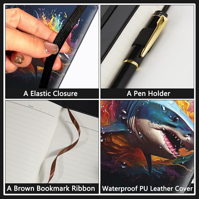 A5 Leather Lined Journal Notebook, 200 Pages Hardcover Executive Notebook for Men Women Office School Note Taking, Thick Writing Paper Daily Journal with Bookmarks/Indexes, Colorful Shark