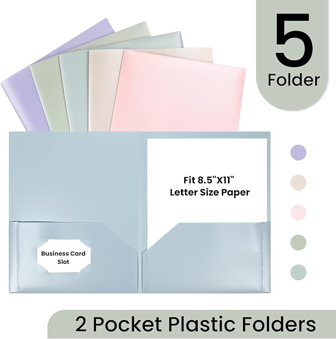 GNL Plastic Folders with Pockets, Pack of 5, Muted Pastel Colors, Heavy Duty 2 Pocket File Folders Letter Size, Pocket Folders for School, Home, and Office