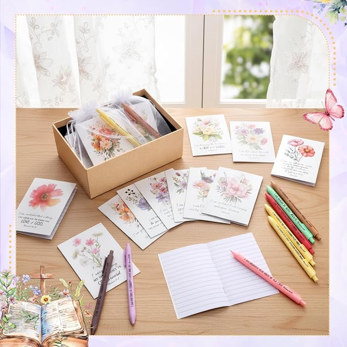 Mooliwe 96 Pcs Positive Affirmation Gift Set Gratitude Notebooks with Pens Small Bags Motivational Encouragement Notepads Daily Affirmations Journal for Women Stress Relief Self Care (Bible)