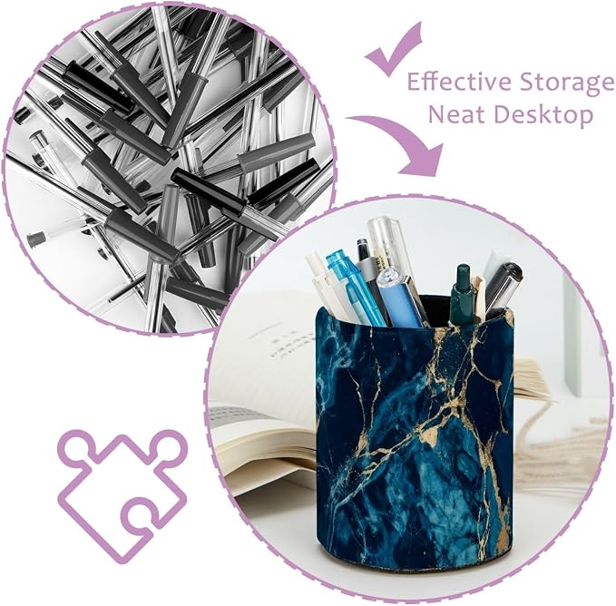 Navy Blue Abstract Marble Leather Pen Holder for Desk, Multifunctional Desktop Organizer Pencil Cup, Desktop Caddy Stationery Organizer for School Home Office Desk Accessories