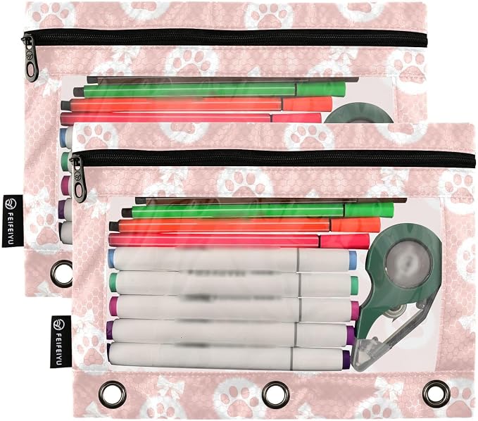 Emelivor Cute Paw Pink Pencil Pouch for 3 Ring Binder 2 Pcs Pockets Pencil Pouches Bag with Clear Pencil Case Cosmetic Bag for College Office Daily Supplies