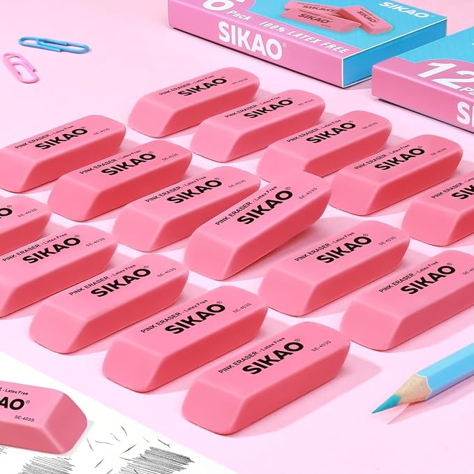Pink Erasers, 6 Pack Pencil Erasers | Latex-Free & Smudge-Free Beveled Rubber Erasers for School Supplies, Classroom, Art & Homework