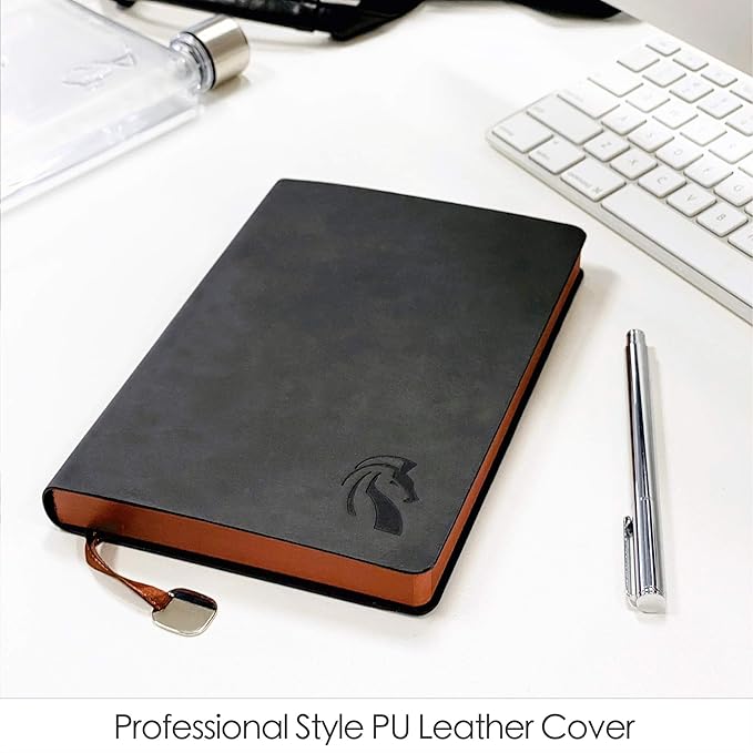 LeStallion Nice Black Notebook Ruled - Soft Cover Faux Leather Journal - 120GSM Premium Writing Paper - 200 Numbered Pages - A5 High End Black Journal Lined - Black Leather Journal For Men & Women