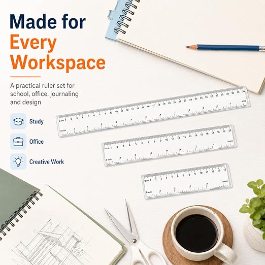 3 Pack Clear Acrylic Ruler Set, 6 Inch 8 Inch 12 Inch Straight Ruler | Transparent Plastic Measuring Tool with Centimeters and Inches for School Office Student