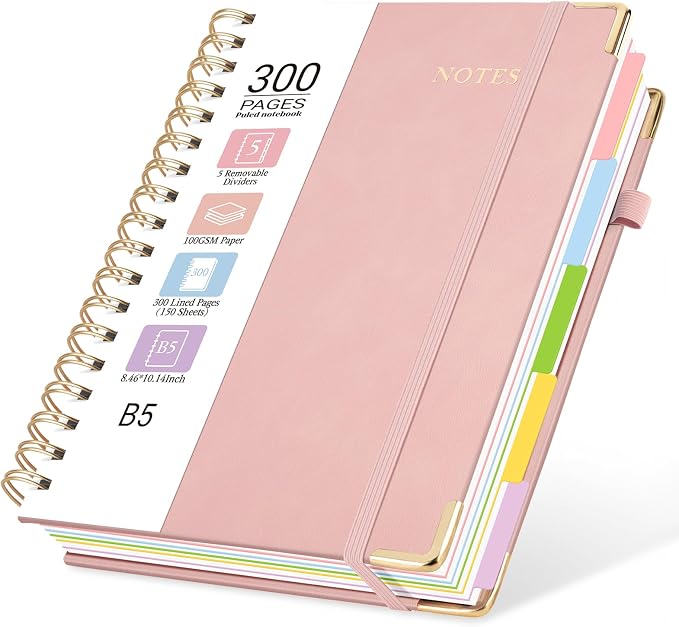 Hardcover Spiral Journal Notebook, 300 Pages 5 Subject Notebook College Ruled with Removable Dividers Tabs, 8" x 10" Notebooks for Work, Spiral Ruled Lined Writing Journal, Hardcover Leather Notebook for School (Pink, 8''x 10'')