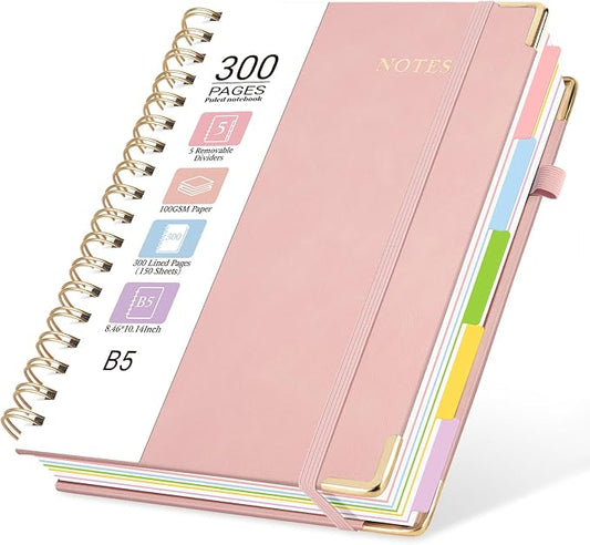 Hardcover Spiral Journal Notebook, 300 Pages 5 Subject Notebook College Ruled with Removable Dividers Tabs, 8" x 10" Notebooks for Work, Spiral Ruled Lined Writing Journal, Hardcover Leather Notebook for School (Pink, 8''x 10'')