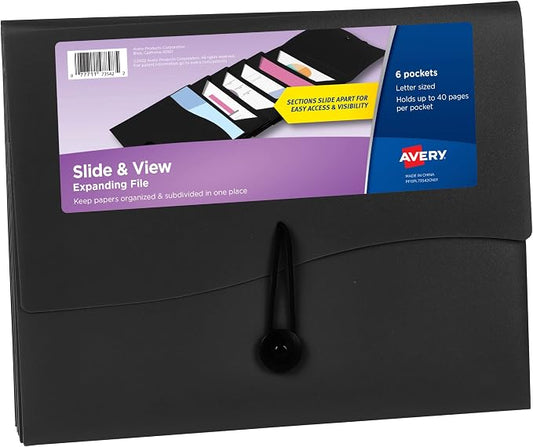Avery Slide & View Expanding File Folder, 6 Pockets, Letter Size, 1 Black Folder (73542)