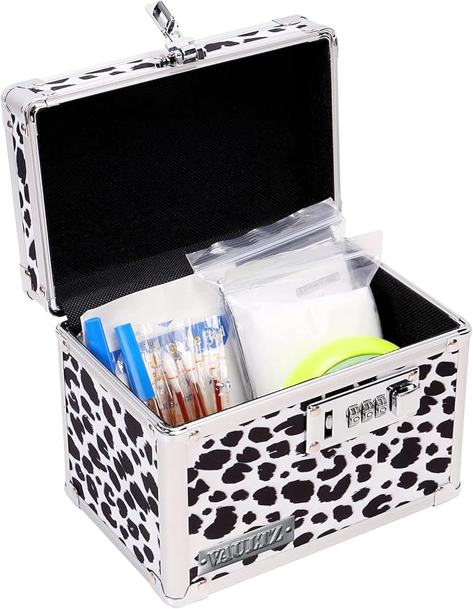 Vaultz Locking Medicine Box with Combination Lock - Secure Metal Lock Box Safe for Medication, Pills & Valuables, Small Lockbox with Code, Portable Storage Case, Leopard | Metal lock box, storage case for medication and small valuables, 3-digit combina...