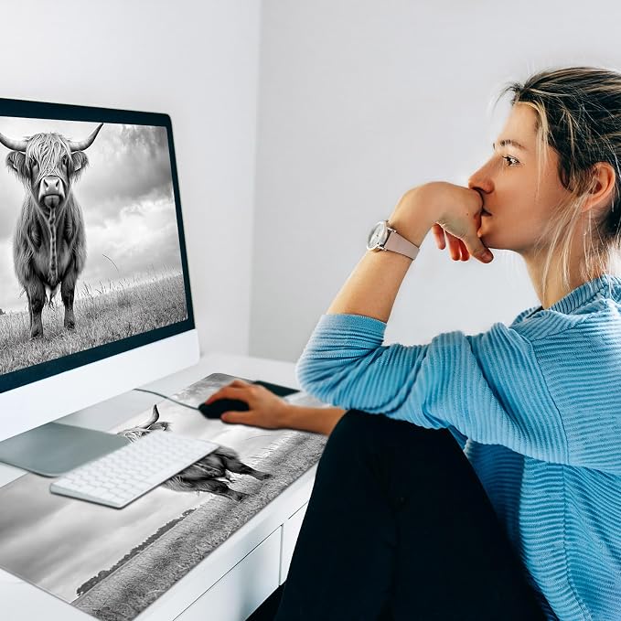 Heated Desk Pad Mouse Pad,Heated Desk Mat,with 3 Heating Levels & 3 Hours Auto Shut-Off,Leather 23.6"*14.2" Gaming Mouse Laptop Mat,Foot Warmer,Cute Highland Cow Black