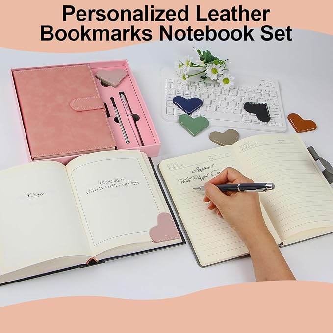 A5 Leather Journal for Women Men, Hardcover Notebook Set with Pen, Pink | 360 Pages 100GSM Lined Paper, Includes 6 Heart Bookmarks, Gift Box & Bag. Birthday, Graduation, Christmas, Appreciation Gifts