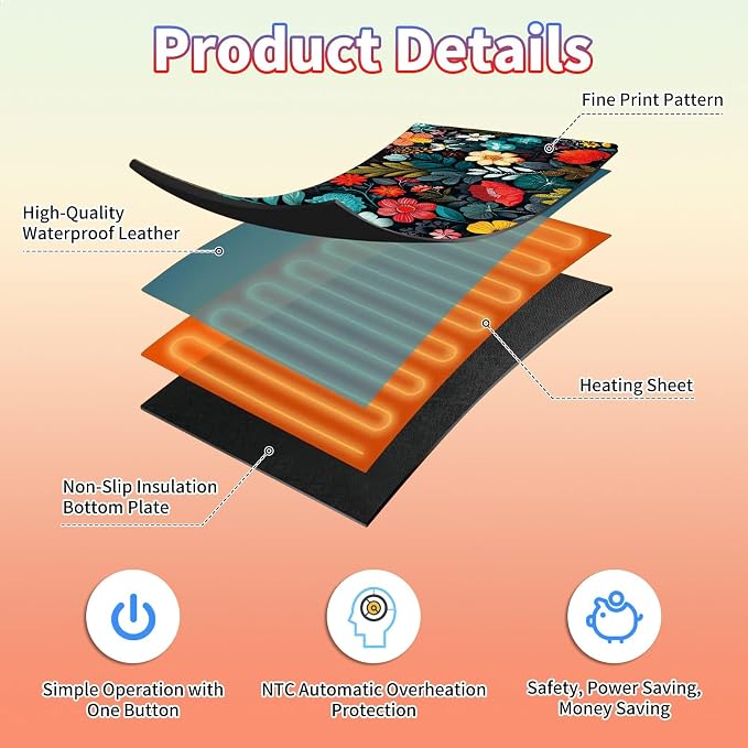 Heated Desk Pad Large Mouse Pad 23.6 x 14.1 inch with 3 Levels Heating & Auto Shut-Off Warm Mouse pad PU Leather Computer Mousepad for Home Office Work - Colorful Flowers and Leaf