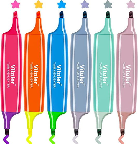 Vitoler Highlighters Assorted Colors,Bible Highlighters,6 Pcs,12 Colors,Dual Tips,No Bleed,Aesthetic Highlighter,Marker Pens for Office Supplies