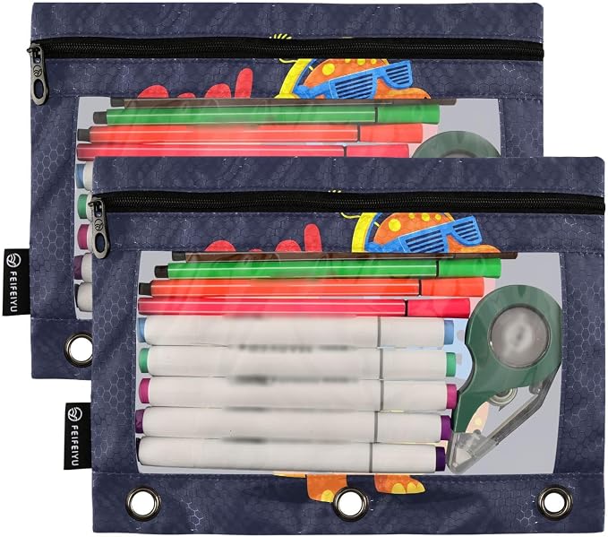 Gredecor Binder Pencil Pouch 3 Ring Cool Boy Dinosaur Zipper Pencil Pouches Case 2 Pack Clear Binder Organizer for School Office