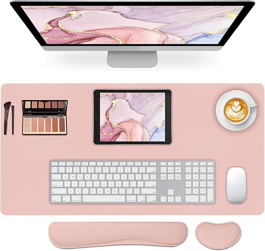 Desk Pad Mat Set,3-in-1 Large Mouse Pads with Wrist Rest and Keyboard Pad, Pink Desk Mats for Keyboards and Mouses, Ergonomic Keyboard and Mouse Mat Set for Office Home Decor, 31.5" x 15.7"