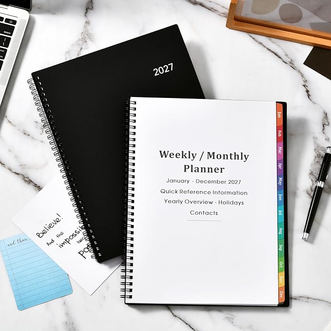 2027 Planner - 2027 Weekly and Monthly Planner | Jan. 2027 - Dec. 2027, 9” x 11”, Planner for Women Men with Twin-Wire Binding, 12 Colorful Tabs, Pocket, Holidays - Black