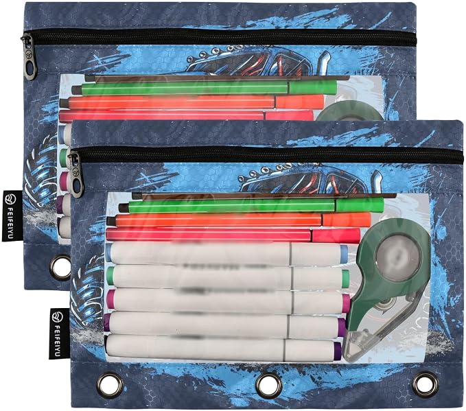 Racing Monster Truck Blue Cartoon Pencil Pouch for 3 Ring Binder 2 Pack Zipper Binder Pencil Bag Case with Clear Window Office Supplies