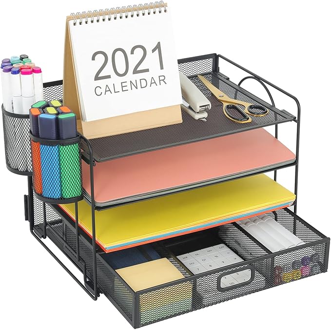 Marbrasse Desk Organizer and Accessories, 4-Tier Paper File Letter Tray Accessories & Workspace Desk Organizers with Drawer and 2 Pen Holders for School Home Office Supplies (Black)