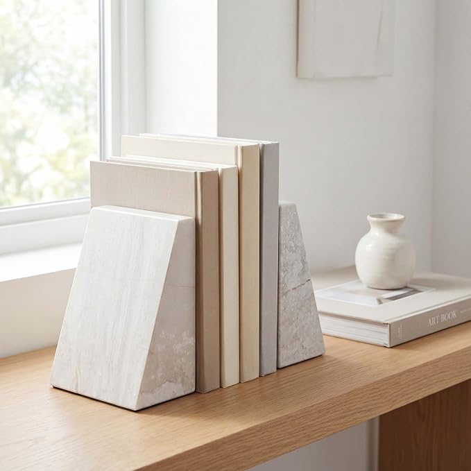 Natural Marble Bookends for Shelves,Office bookends for Heavy Books. Unique Brown Book Ends, Set of 2,Heavy Duty (Grayish-White)