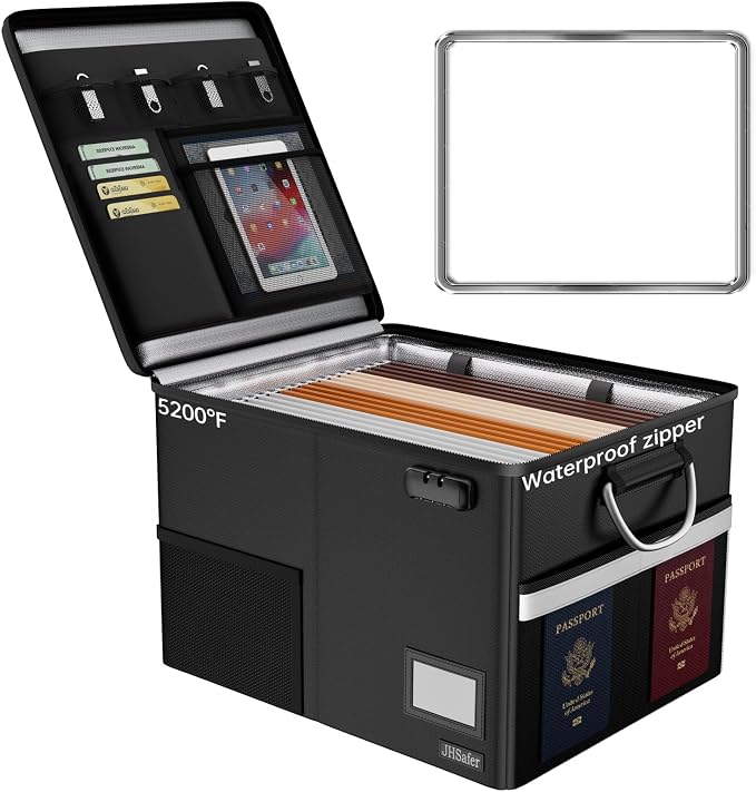 5200℉ Fireproof Document Box with Lock, Black | Waterproof File Organizer with Handle, Portable Collapsible Filing Cabinet for Hanging Letter/Legal Folders