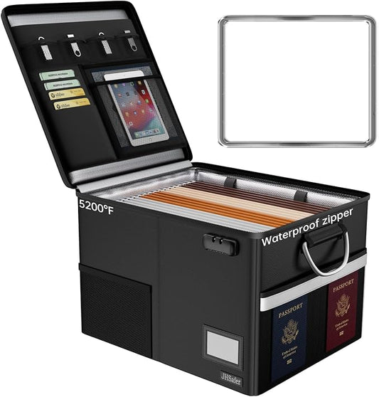 5200℉ Fireproof Document Box with Lock, Black | Waterproof File Organizer with Handle, Portable Collapsible Filing Cabinet for Hanging Letter/Legal Folders