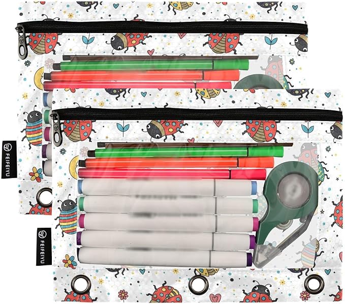 Emelivor Ladybugs Colorful White Pencil Pouch for 3 Ring Binder 2 Pack Binder Pencil Case with Clear Window Pencils Bags with Zipper for College Office Daily Supplies