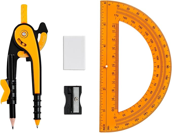 Vobou Compass for Geometry Set, 6 Inch Protractor, Clear Plastic (Orange) | 6 Inch Compass, Sharpener and Eraser, Easy Grip, Drafting Tool for Scool, Art, Drawing Precision Design for Math