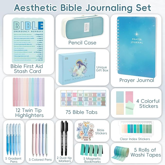 XKDOUS Bible Study Supplies Journaling Kit for Women, Bible Study Kit Journaling Supplies Includes Prayer Journal, Highlighters, Emergency Card, Pencil Case and More, Christian Gifts for Women, Blue