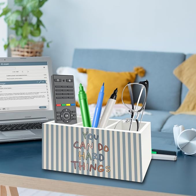 Boho Classroom Inspirational Pen Pencil Holder Organizer for Desk, You Can Do Hard Things Motivational Wooden Box Signs Decorations for Home Office Desk Tabletop, Inspirational Gifts for Women