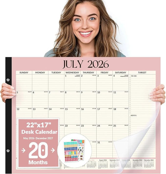 Forvencer Desk Calendar 2026-2027, 20 Months Calendar Runs from May 2026 to December 2027, 22" x 17" Large 2026 Desk Calendar Monthly Planner with Plastic Cover for Home School Office, Pink