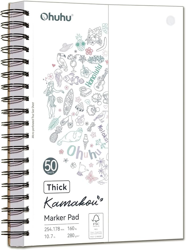 Ohuhu 7"x10" Double-Sided Bleedproof Marker Pad Art Sketchbook 50 Sheets | Large Sketch Book - 160 LB/280 GSM Smooth Drawing Paper - 50 Sheets/100 Pages - Spiral-Bound Sketch Pad for Alcohol Markers