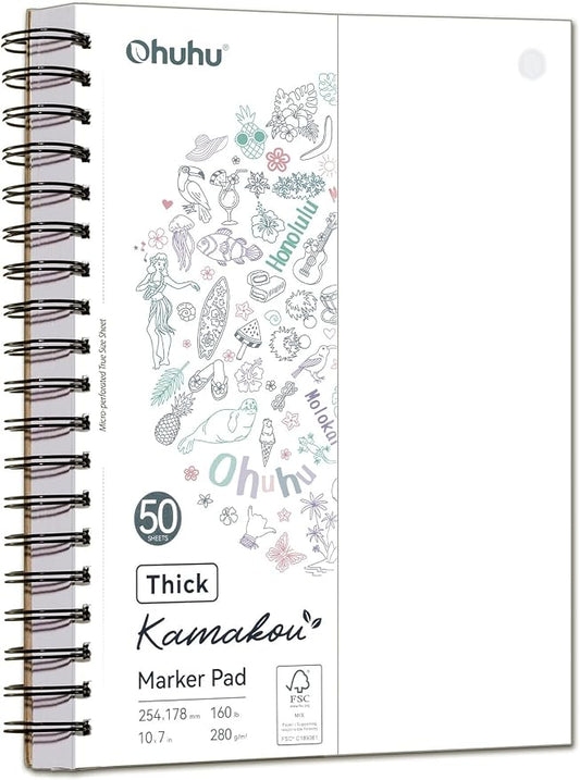 Ohuhu 7"x10" Double-Sided Bleedproof Marker Pad Art Sketchbook 50 Sheets | Large Sketch Book - 160 LB/280 GSM Smooth Drawing Paper - 50 Sheets/100 Pages - Spiral-Bound Sketch Pad for Alcohol Markers
