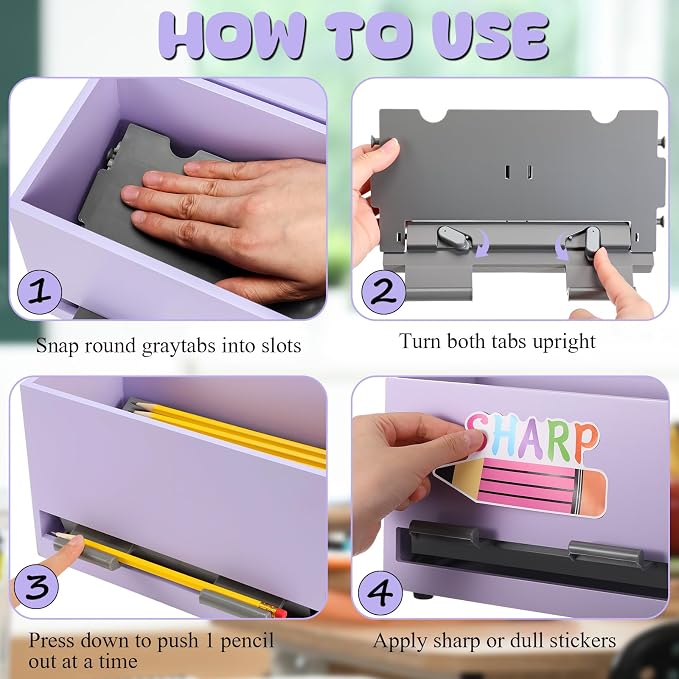 Mifoci Wooden Pencil Dispenser Kit for Classroom Wooden Pen Holder Straw Dispenser Sharp and Dull Letter Stickers for Teachers Classroom Supplies Storage(Light Purple)