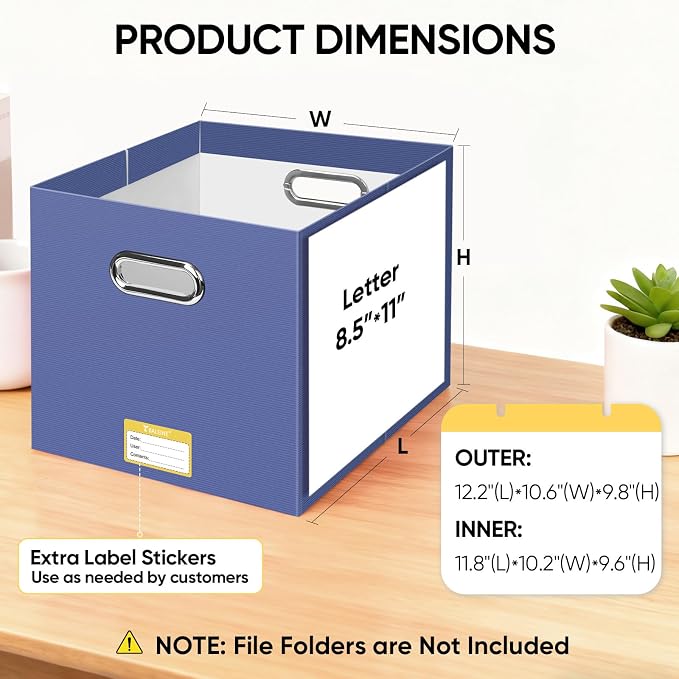 BALEINE File Organizer Box, Cardboard File Folder Organizer with Handle for Letter Size, Portable Collapsible Hanging Filing Box for Home Office Document Storage (2 Pack, Large Navy)