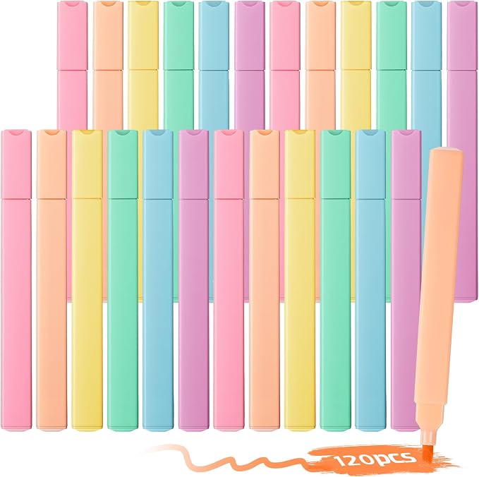 Marspark 120 Pcs Highlighters Bulk Chisel Tip Aesthetic 6 Assorted Colors No Bleed Cute Soft Bohemian Color Marker Pens for Journal Planner Notes Study Office Supplies (Pastel Colors)