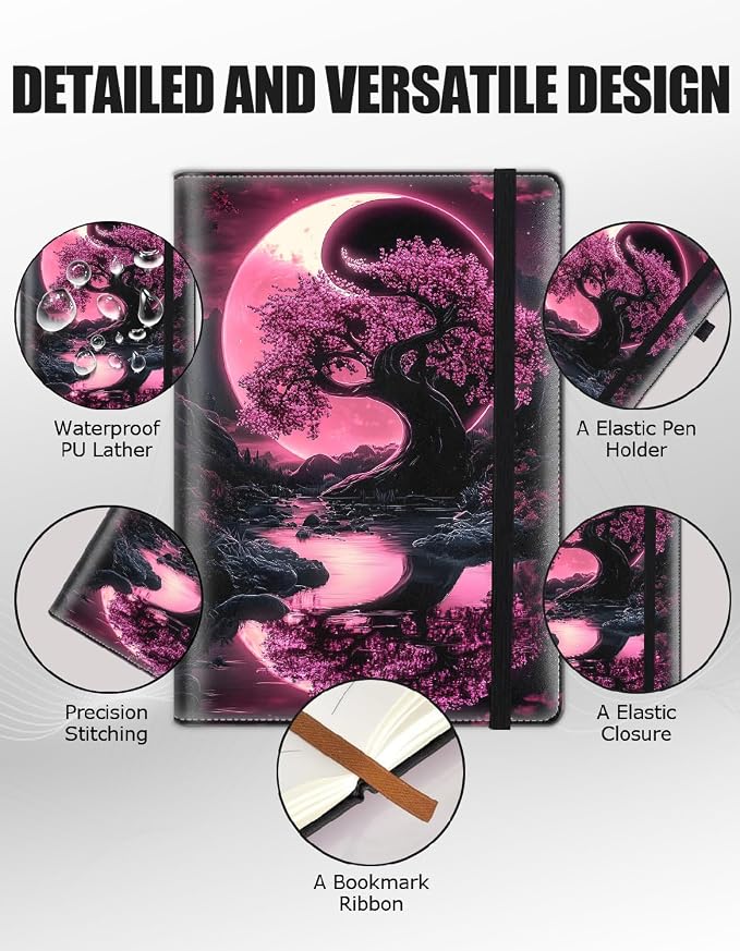 Hardcover Executive Notebooks, A5 PU Leather Lined Journal Notebook, 200 Pages Thick Paper Subject Notebooks for School,Work,Home Writing Business Notebook, Diary Book ，Yin and Yang Red Tree