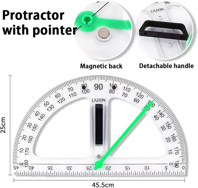 Magnetic Geometry Tool Set Clear Drafting Tools Mathematics Protractor, Triangular Scale Ruler Math Classroom Teaching Measurement Set Oversized Ruler (Transparent 4-piece Set)