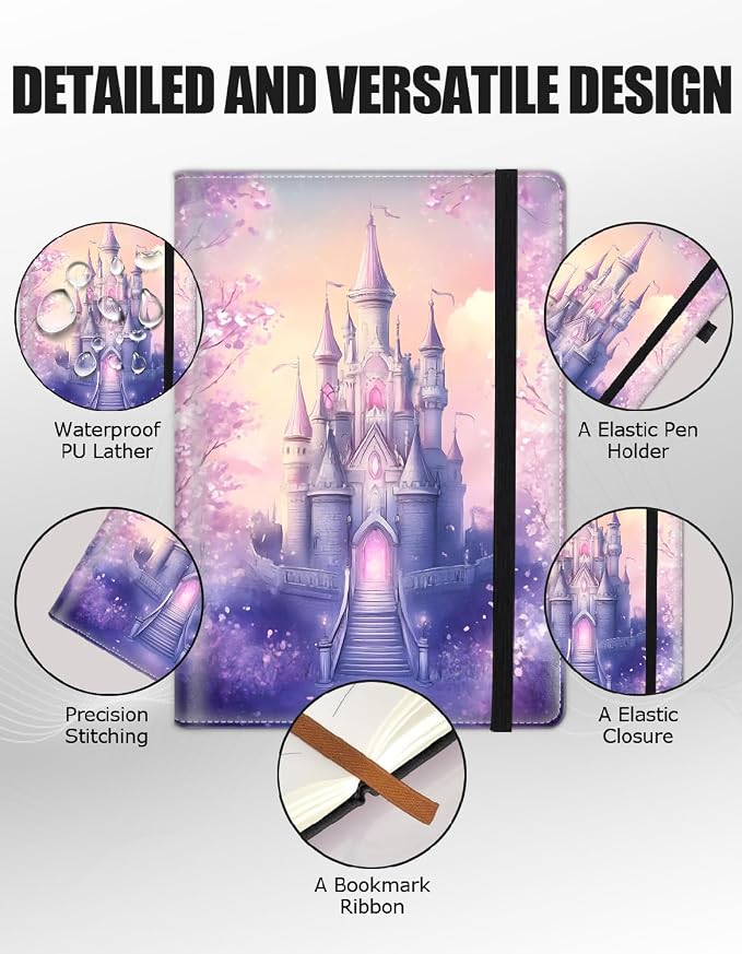 Hardcover Executive Notebooks, A5 PU Leather Lined Journal Notebook, 200 Pages Thick Paper Subject Notebooks for School,Work,Home Writing Business Notebook, Diary Book ，Pink Castle