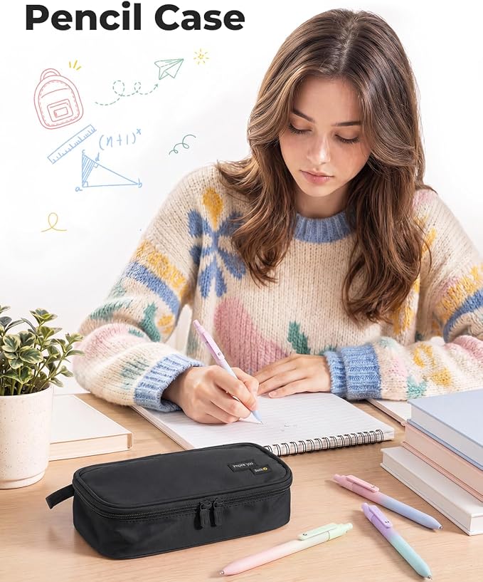 Four Candies Large Pencil Case, 5 Compartments Pen Organizer, Big Capacity Canvas Pencil Pouch Bag for School Supplies, Portable Stationery Holder for Teen Girls, Women (Black)